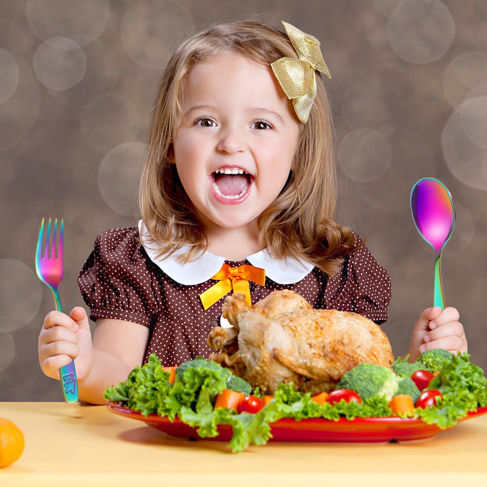 Pimoys 12 Pieces Toddler Utensils Kids Rainbow Silverware Set, Stainless Steel Childrens Safe Forks and Spoons, Metal Kids Cutle